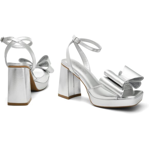 Women Platform Chunky Silver Heels High Block Square Toe Dress Wedding Sandals - Picture 3 of 7